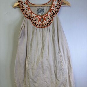 Anthropologie Floreat Cream Shift Dress Small with Vibrant Orange Embroidery
